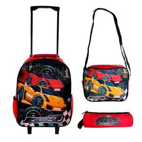 Kit Escolar Infantil Mochila Lancheira E Estojo 3 Peças Estampa Carrinho Cor Vermelho