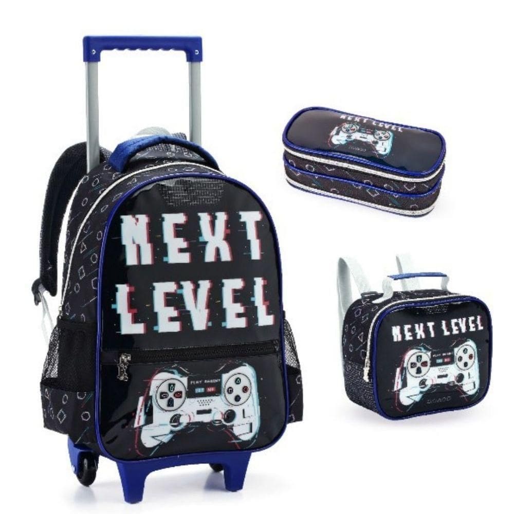 Kit Mochila Rodinha Estojo Lancheira Escolar Infantil Next Level Game Denlex