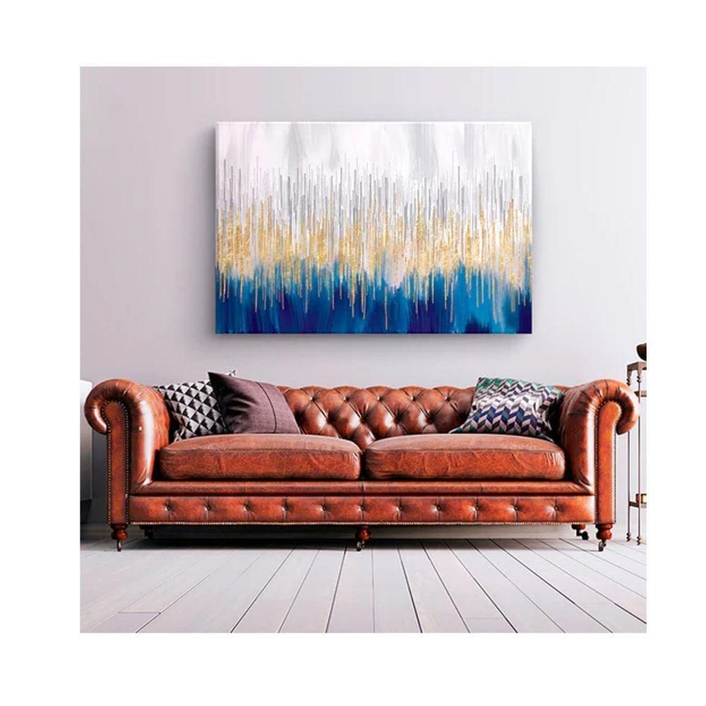 Quadro Decorativo Abstrato Belas Linhas Douradas C- Moldura Prata Tamanho 120 X 80cm