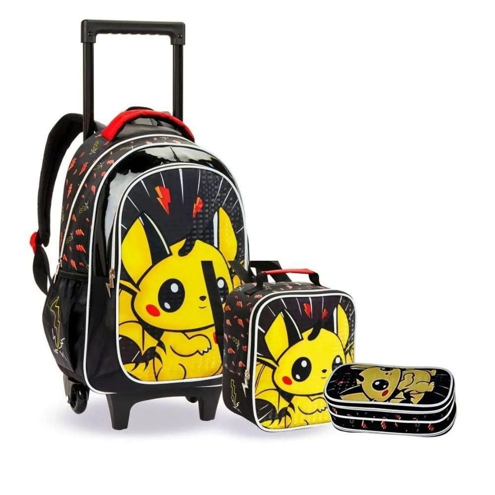 Kit Mochila Rodinhas Lancheira Infantil Pikachu Pokémon Escolar Estojo Denlex