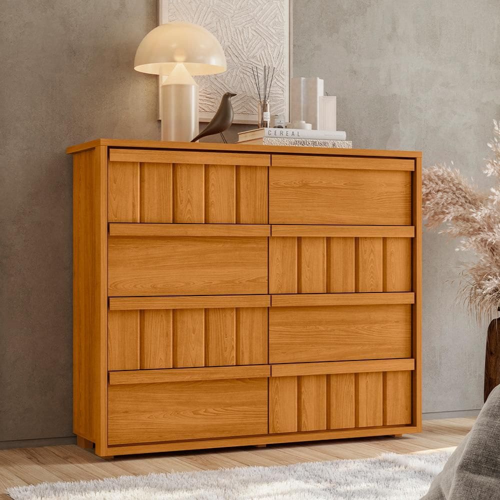 Cômoda Tarsila 100% MDF ripado 8 gavetas - Cinamomo - Madetec