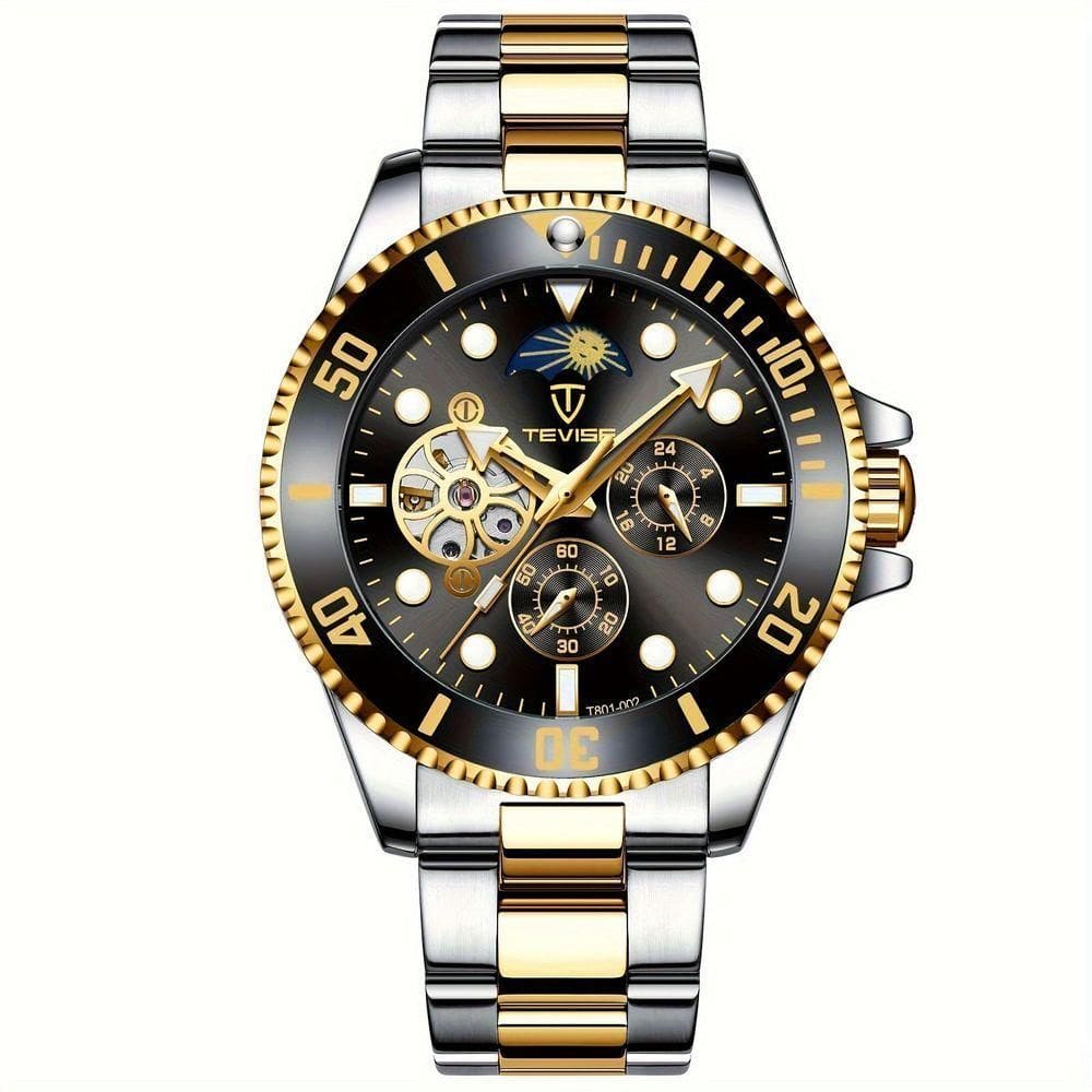 Relógio De Luxo , Automático Mecânico, 5 Pontos, Cronógrafo De 24h, Aço Inoxidável Dourado Preto