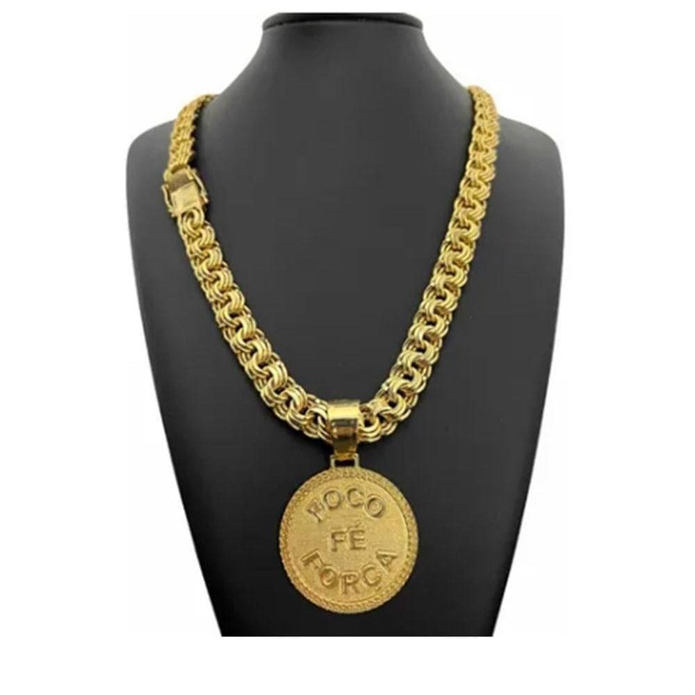 Corrente Cordão Banhado Ouro 12mm C- Pingente Tripo Friso