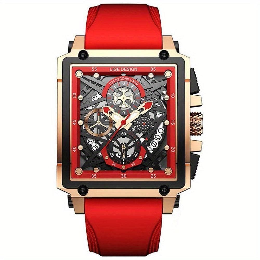 Relógio Masculino Lige, Quadrado De Pulso à Prova D`água Com Pulseira De Silicone Quartzo Esportivo Vermelho