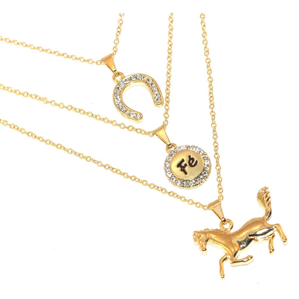 Colar Cordão Triplo Country Fé Ferradura Cavalo Folheado 18k