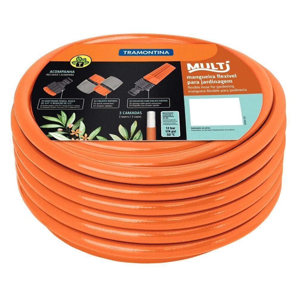 Mangueira Multi 1-2" Tramontina Laranja Em Pvc 3 Camadas 30 M Com Engates Rápidos E Esguicho Tramontina