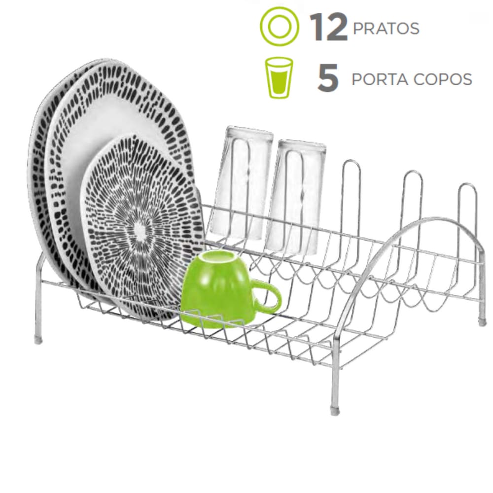 Escorredor de Louça Laminado 12 Pratos 05 Copos Espaço Lateral para Talher