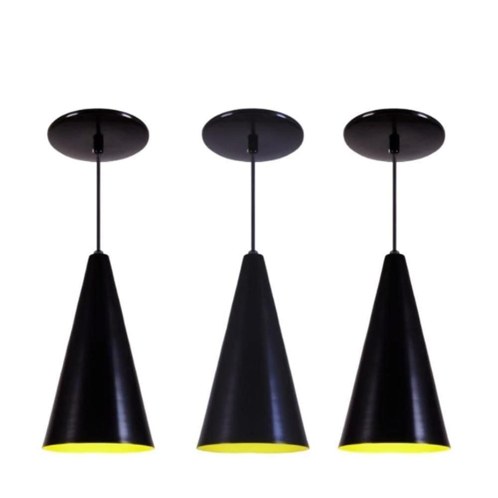 Kit 3 Luminaria Pendente Lustre Aluminio Cone Preto Preto