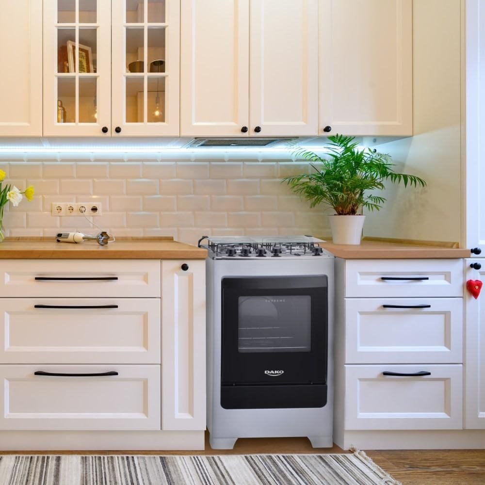 Fogão de Chão 4 Bocas À Gás Acendimento Automático Mesa em Inox Forno Com Luz Cozinha Moderna Branco