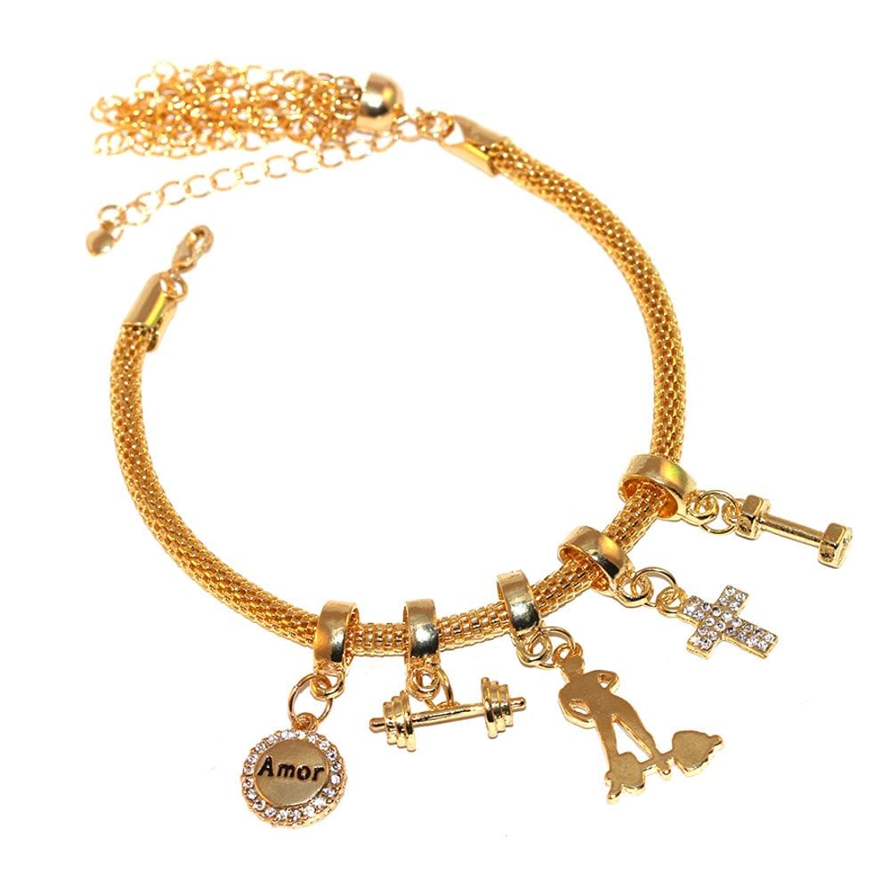 Pulseira Berloque Educação Física Halter Peso Folheado 18k