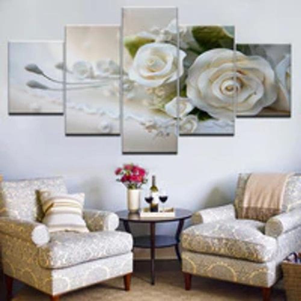 Quadro Decorativo Mosaico De 5 Peças Flores Rosas Brancas