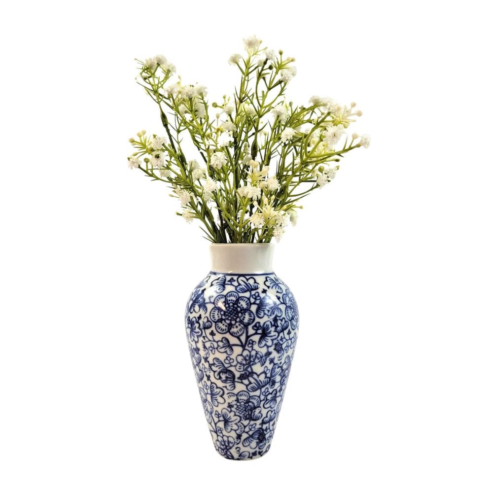 Mini Vaso Azul E Branco 29X15Cm Floral Porcelana Mosquitinho