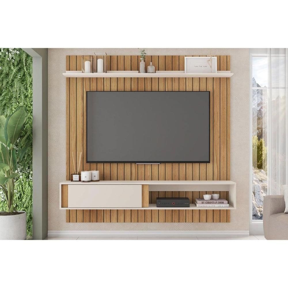 Rack Bancada c/ Painel p/ TV até 65 Pol Boreal Ripada 180x183cm Buriti/Off White - Caemmun