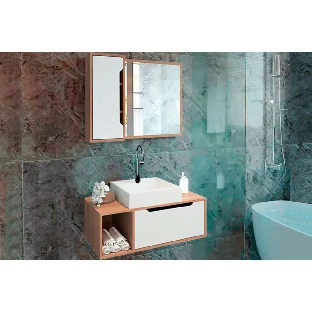 Bancada de Banheiro Balcão Suspenso BN3644 e Balcão c/ Rodízios BN3643 80cm e Armário c/ Espelho BN3645 80cm Amêndoa/Branco - Tecno Mobili