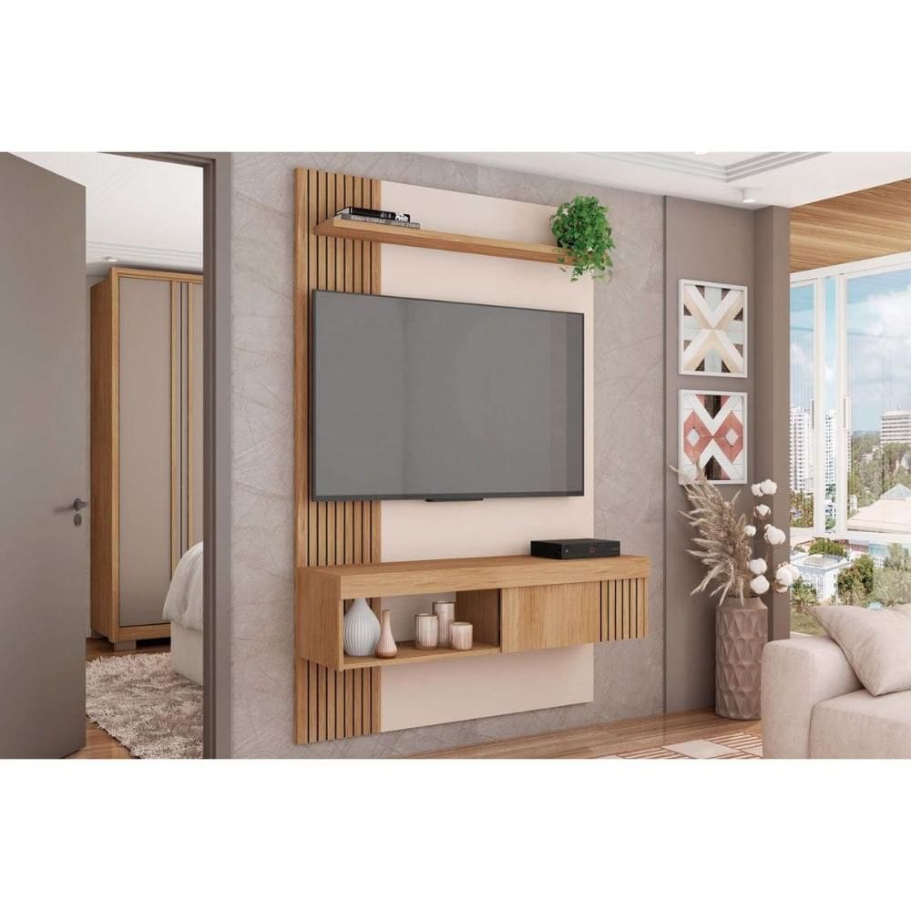 Rack Bancada c/ Painel p/ TV até 45 Pol Jade Ripada 120x183cm Freijo/Off White - Caemmun