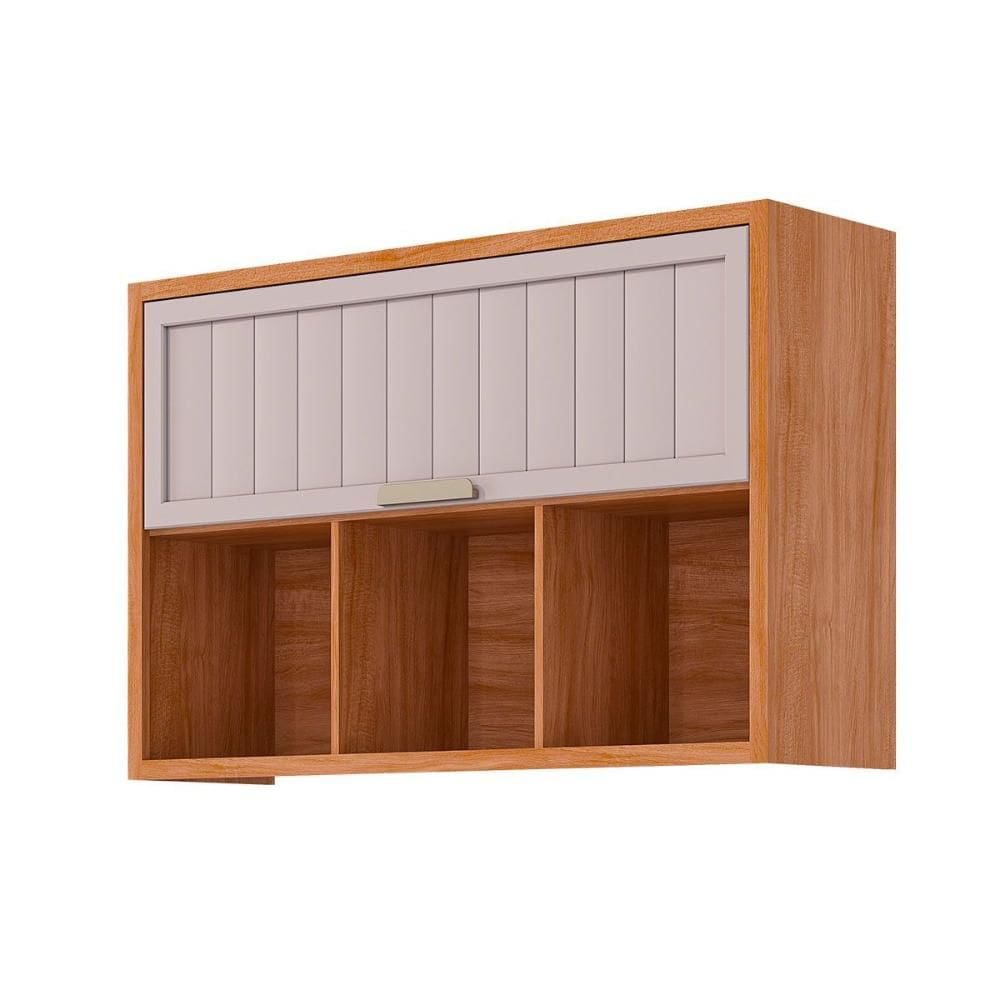 Armário de Cozinha Modulado Estela c/ 1 Porta Basculante Ripada e 3 Nichos 120 cm Cinamomo/Off White - MGM