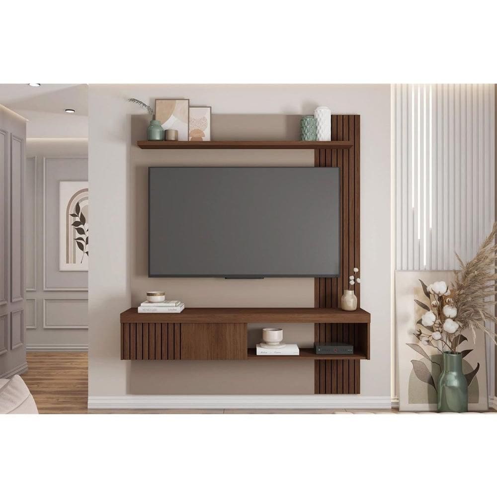 Rack Bancada c/ Painel p/ TV até 65 Pol Jade Ripada 150x183cm Fendi/Havana - Caemmun