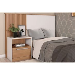 Painel Cama Box Madeirado Lucila 1 Mesa c/ 1 Gaveta Freijo/Off White - Caemmun