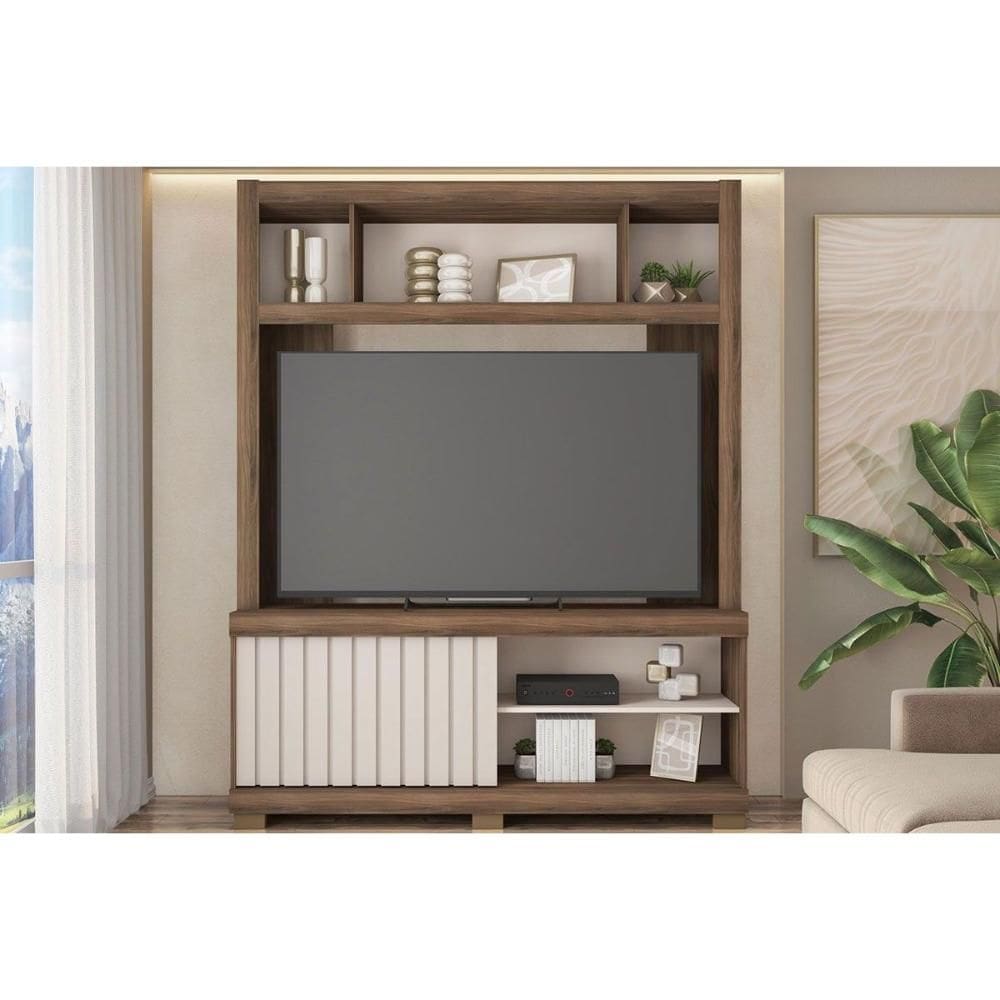 Rack Bancada c/ Painel p/ TV até 65 Pol Cinne Ripado Pés 160x203cm Nogueira San Remo/Off White - Caemmun