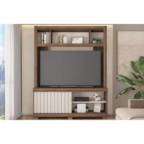 Rack Bancada c/ Painel p/ TV até 65 Pol Cinne Ripado Pés 160x203cm Nogueira San Remo/Off White - Caemmun