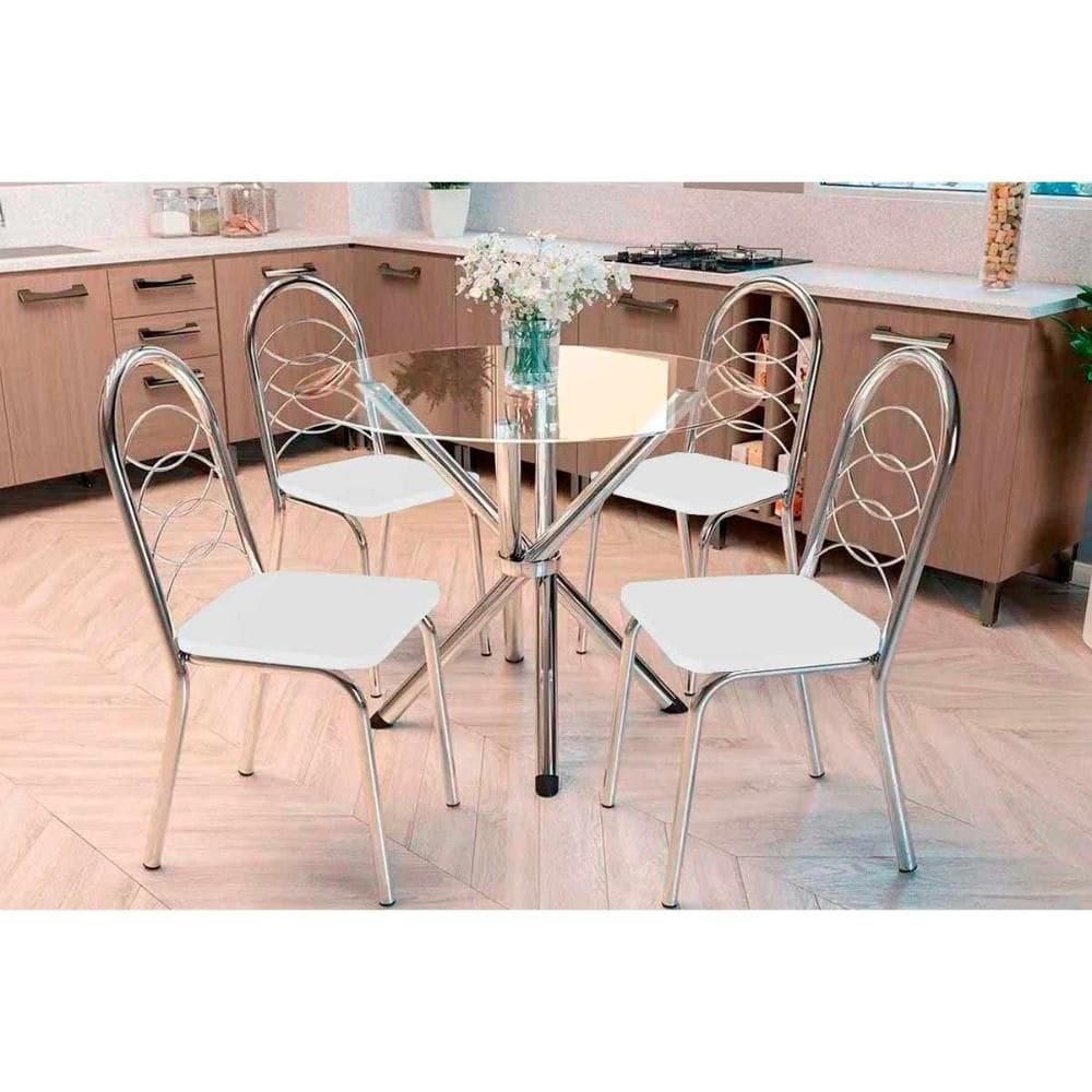 Sala de Jantar Completa Volga c/ Tampo de Vidro 95cm e 4 Cadeiras Holanda Cromada - Courano Branco - Kappesberg