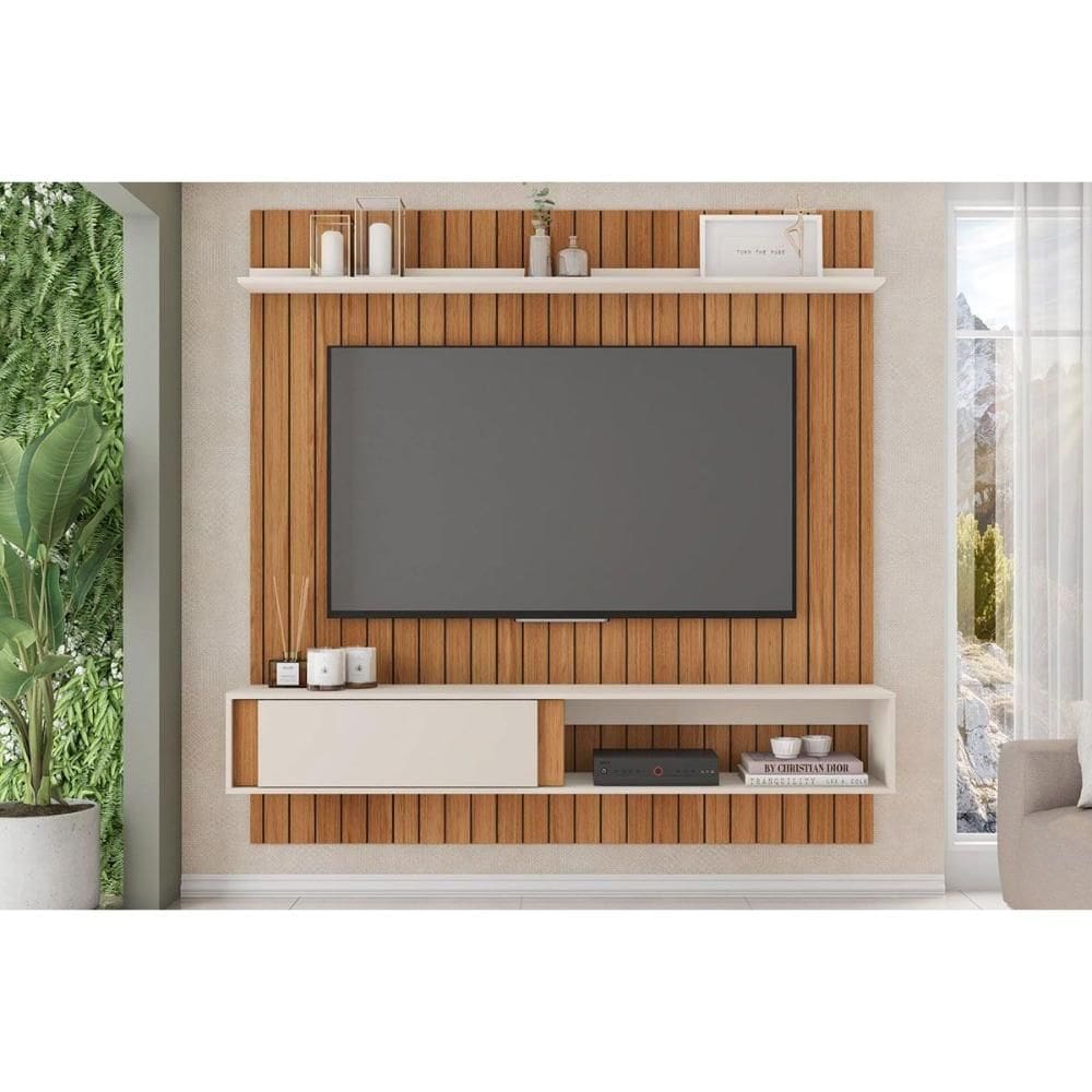 Rack Bancada c/ Painel p/ TV até 65 Pol Boreal Ripada 180x183cm Freijo/Off White - Caemmun