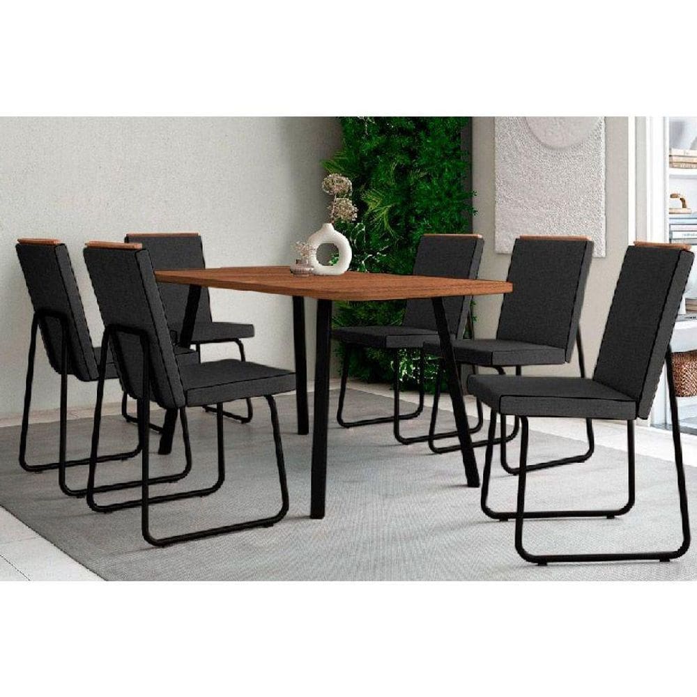 Conjunto: Mesa de Cozinha Stellar 1597 Aço c/ Tampo Madeirado 160x90cm e 6 Cadeiras Lira Preto/Nogal - Preto/Grafite - Preto - Carraro