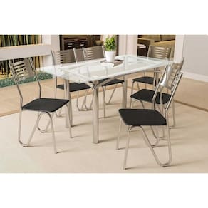 Conjunto: Mesa Sala Jantar Elba c/ Tampo de Vidro 150cm e 6 Cadeiras Nápoles Cromada - Courano Preto - Kappesberg