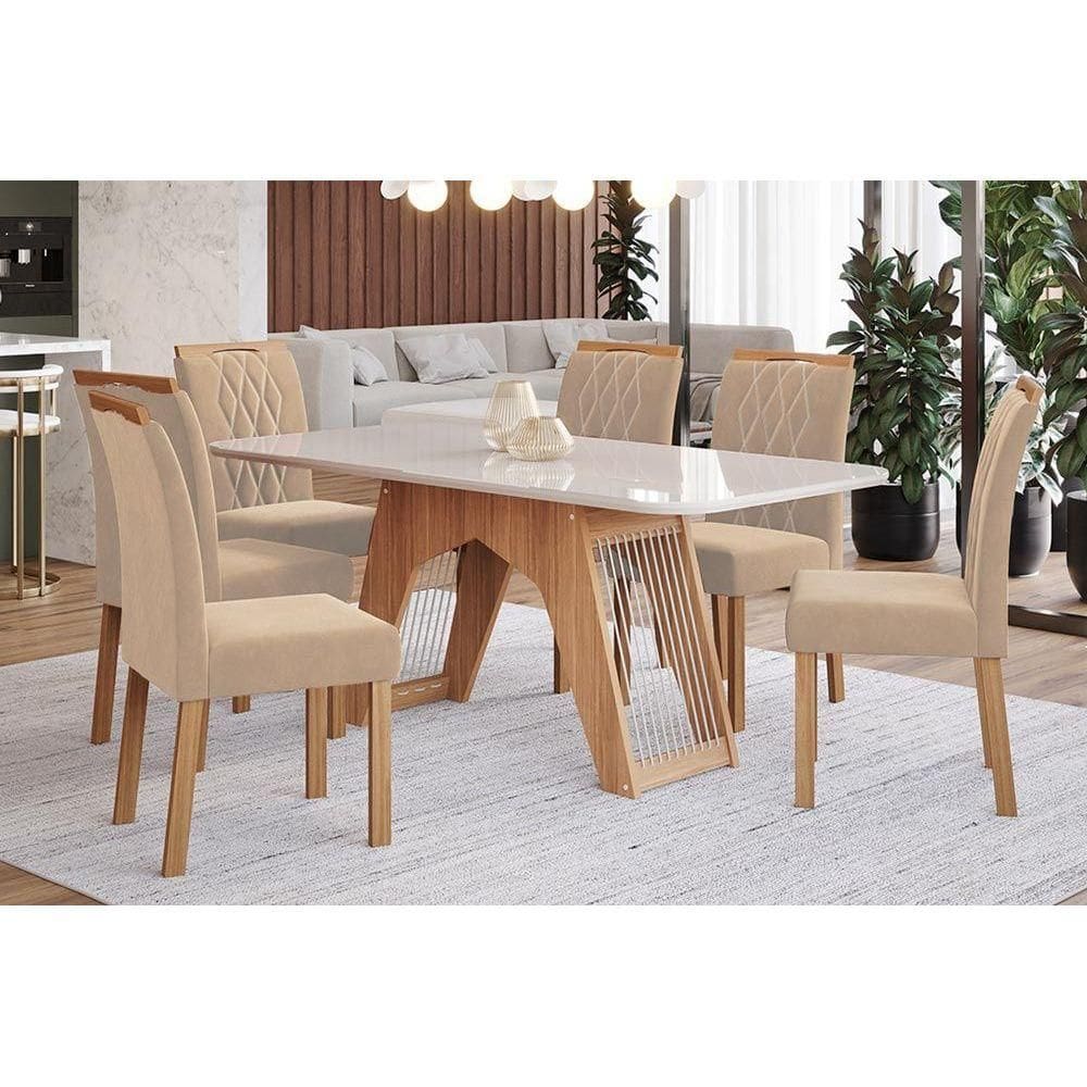 Conjunto: Mesa de Cozinha Carol Tampo Madeirado c/ Vidro 180x90cm e 6 Cadeiras Juliana Nature-Madeirado/Off White-Suede Nude Bege - Cimol
