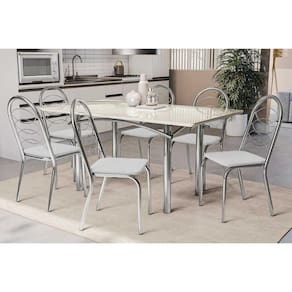 Conjunto: Mesa de Cozinha Elba Tampo Madeirado c/ Vidro 160cm e 6 Cadeiras Holanda Cromada/Off White - Courano Branco - Kappesberg