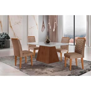 Conjunto: Mesa de Cozinha Luna c/ Tampo Madeirado c/ Vidro Canto Curvo 120x80cm e 4 cadeiras Londrina Imbuia/Off White - Suede Capuccino - Rufato