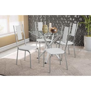 Conjunto: Mesa de Cozinha Volga c/ Tampo de Vidro 90cm e 4 Cadeiras Lisboa Cromada - Courano Branco - Kappesberg