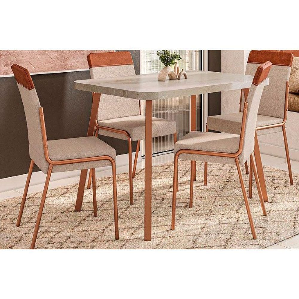 Conjunto: Mesa de Cozinha Stellar 1598 Aço c/ Tampo Madeirado 120x80cm e 4 Cadeiras Duo Rose/Petra - Rose/Areia - Caramelo - Carraro