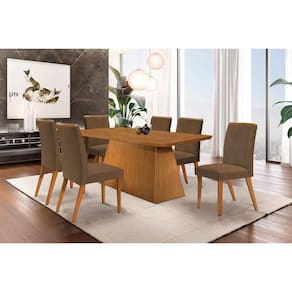 Conjunto: Mesa Sala Jantar Luna c/ Tampo Madeirado Canto Curvo 180x90cm e 6 cadeiras Amsterdã Imbuia/Suede Capuccino - Rufato