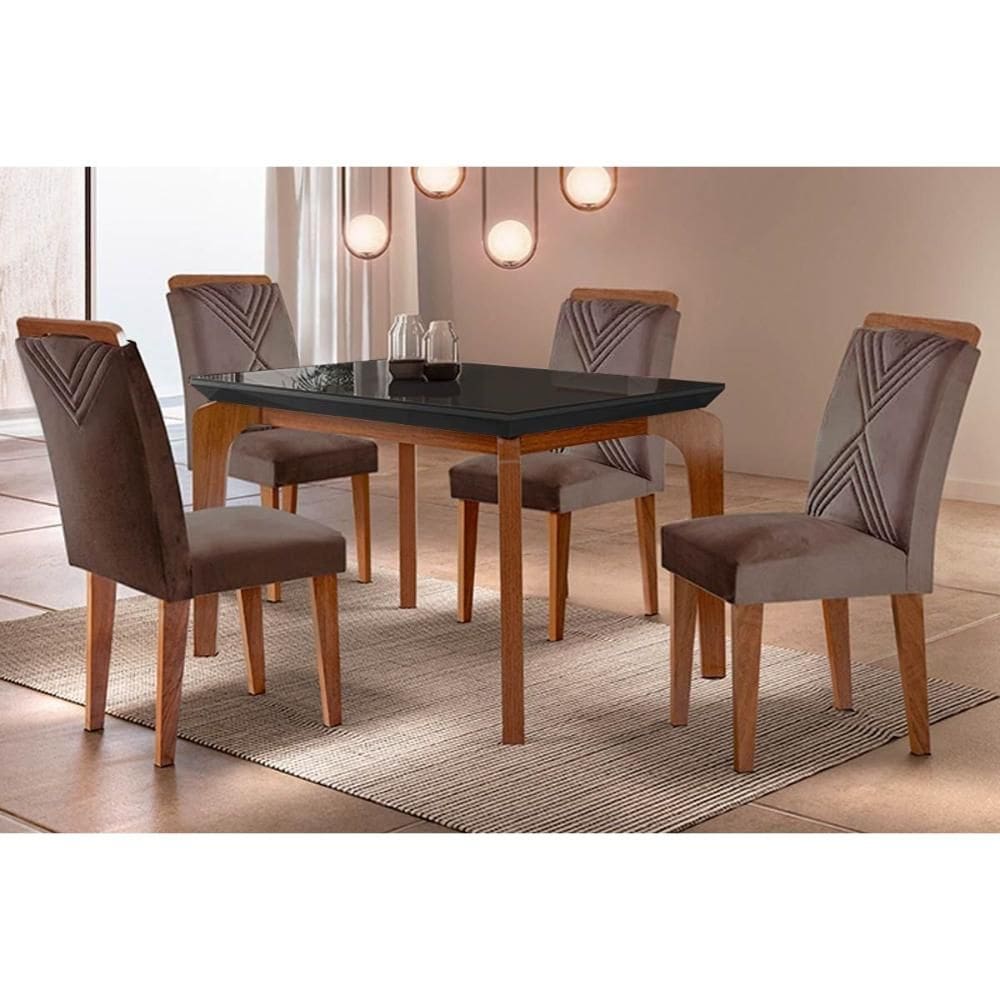 Conjunto: Mesa Sala Jantar Londrina c/ Tampo Madeirado c/ Vidro Canto Reto 120x80cm e 4 cadeiras Amsterdã Imbuia/Grafite - Suede Capuccino - Rufato
