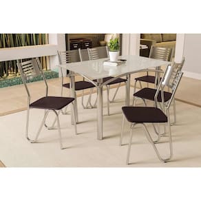 Conjunto: Mesa de Cozinha Elba Tampo Madeirado c/ Vidro 120cm e 6 Cadeiras Nápoles Cromada/Off White - Courano Marrom - Kappesberg