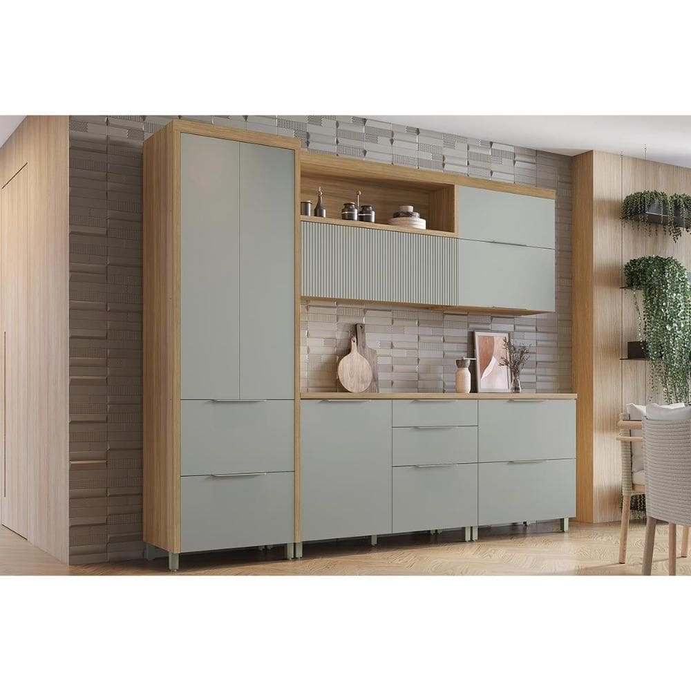 Cozinha Modulada Nesher Marquesa 5 Peças (2Aéreos+2Balcões+1Paneleiro) C6P40 Nature/Verde-Nesher