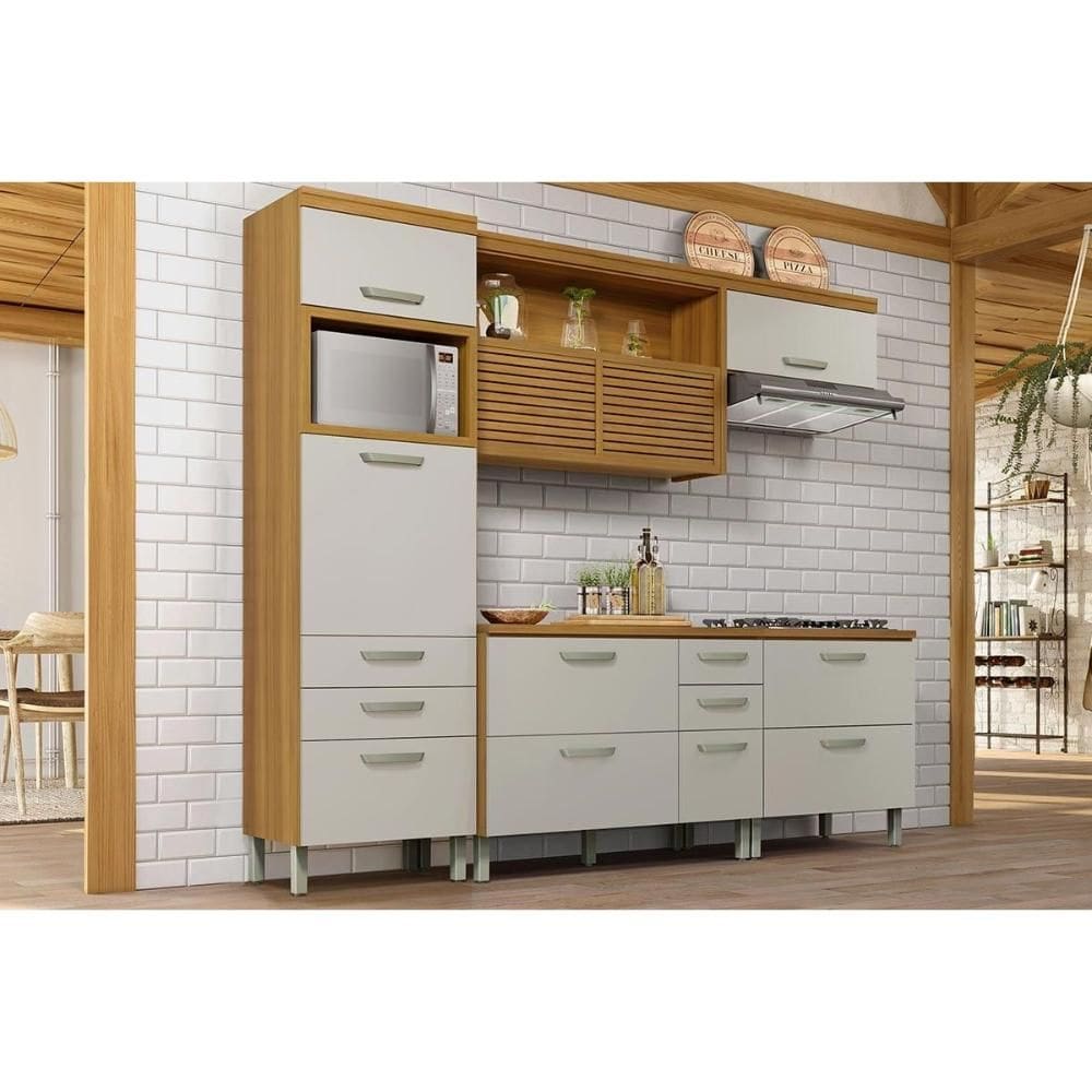 Cozinha Modulada Nesher Princesa 4 Peças (1Aéreo+2Balcões+1Paneleiro) C6P59 Freijo/Off White-Nesher