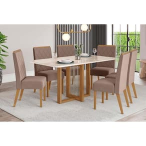 Conjunto: Mesa Sala Jantar Natalí c/ Tampo Madeirado c/ Vidro Curvo 160x90cm e 6 Cadeiras Nina Nature/Suede Light Marrom Amêndoa - Henn
