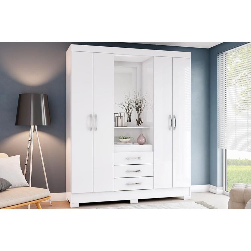 Guarda Roupa Solteiro 4 Portas 3 Gavetas c/ 1 Espelho e Pés Briz B24 Branco - Henn