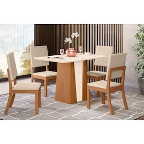 Conjunto: Mesa Sala Jantar Orus Tampo Madeirado c/ Vidro 120x80cm e 4 Cadeiras Milla Nature/Linho - Henn