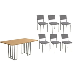 Conjunto: Mesa de Cozinha Duina c/ Tampo de Madeira 160cm e 6 Cadeiras Zaria Niquel/Freijo - Suede Cinza - Kappesberg