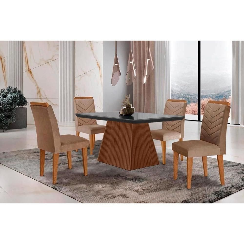 Conjunto: Mesa Sala Jantar Luna c/ Tampo Madeirado c/ Vidro Canto Curvo 120x80cm e 4 cadeiras Londrina Imbuia/Grafite - Suede Capuccino - Rufato