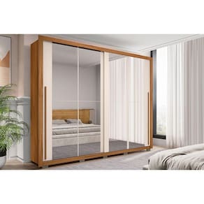 Guarda Roupa 2 Portas de Correr c/ Espelho e 4 Gavetas Praticus Double Lux Freijo/Off White - Caemmun