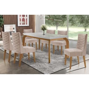 Conjunto: Mesa Sala Jantar Londrina Tampo Madeirado c/ Vidro 180x90cm e 6 Cadeiras Dafne Capuccino/Linho Bege Turim - Rufato