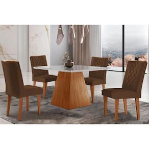 Conjunto: Mesa de Cozinha Luna c/ Tampo Madeirado c/ Vidro Canto Curvo 90x90cm e 4 cadeiras Jade Imbuia/Off White - Suede Marrom - Rufato