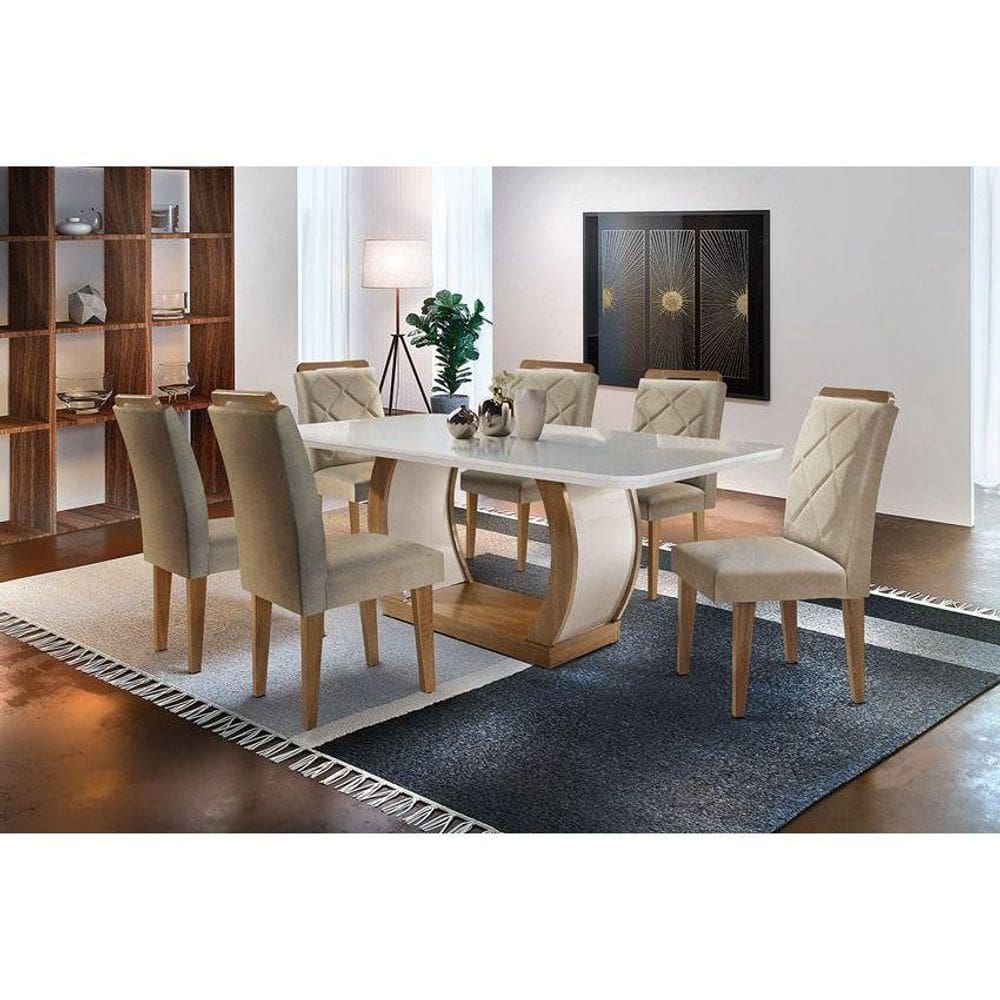 Conjunto: Mesa de Cozinha Jade Tampo Madeirado c/ Vidro Canto Curvo 180x90cm e 6 Cadeiras Melissa Capuccino/Linho Bege Turim - Rufato