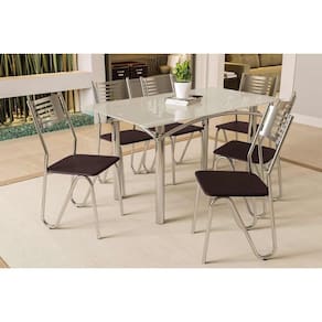 Conjunto: Mesa Sala Jantar Elba Tampo Madeirado c/ Vidro 160cm e 6 Cadeiras Nápoles Cromada/Off White - Courano Marrom - Kappesberg