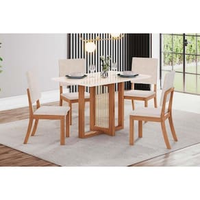 Conjunto: Mesa de Cozinha Natalí c/ Tampo Madeirado c/ Vidro Reto 120x80cm e 4 Cadeiras Milla Nature/Suede Light Linho - Henn