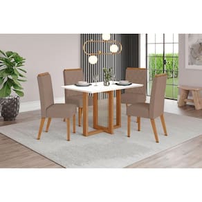 Conjunto: Mesa Sala Jantar Natalí c/ Tampo Madeirado 120x80cm e 4 Cadeiras Nina Nature/Off White - Suede Marrom - Henn